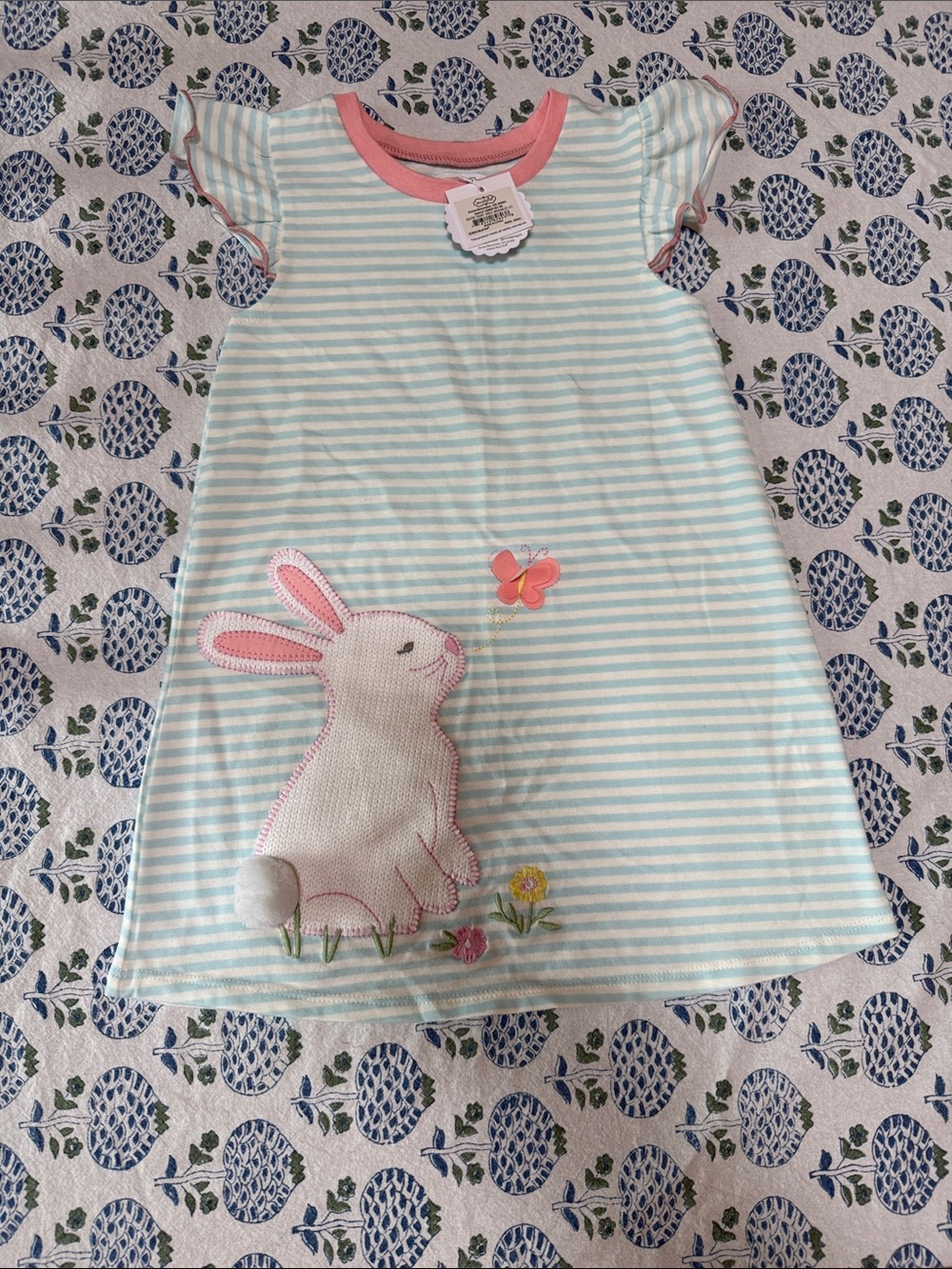 Mud Pie Girls' Light Blue Striped Bunny dress with Pink Trim